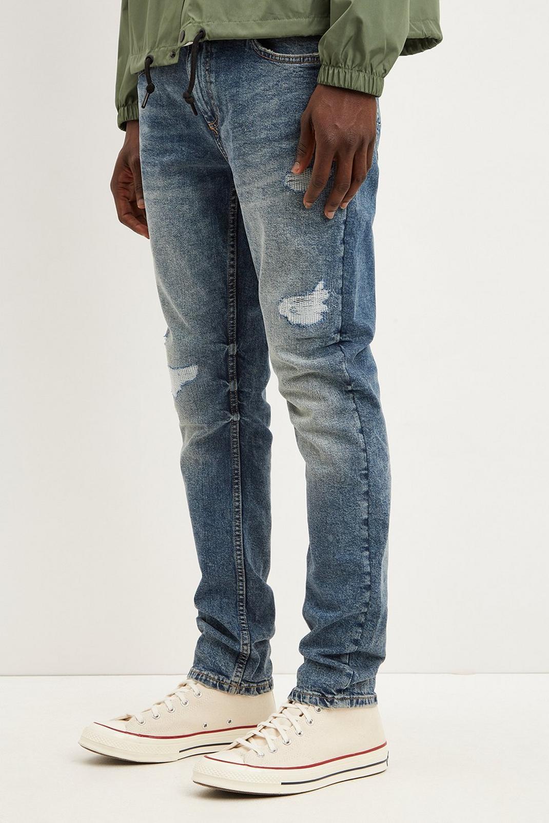 Dark blue Skinny Stitch Repair Rip Jeans image number 1