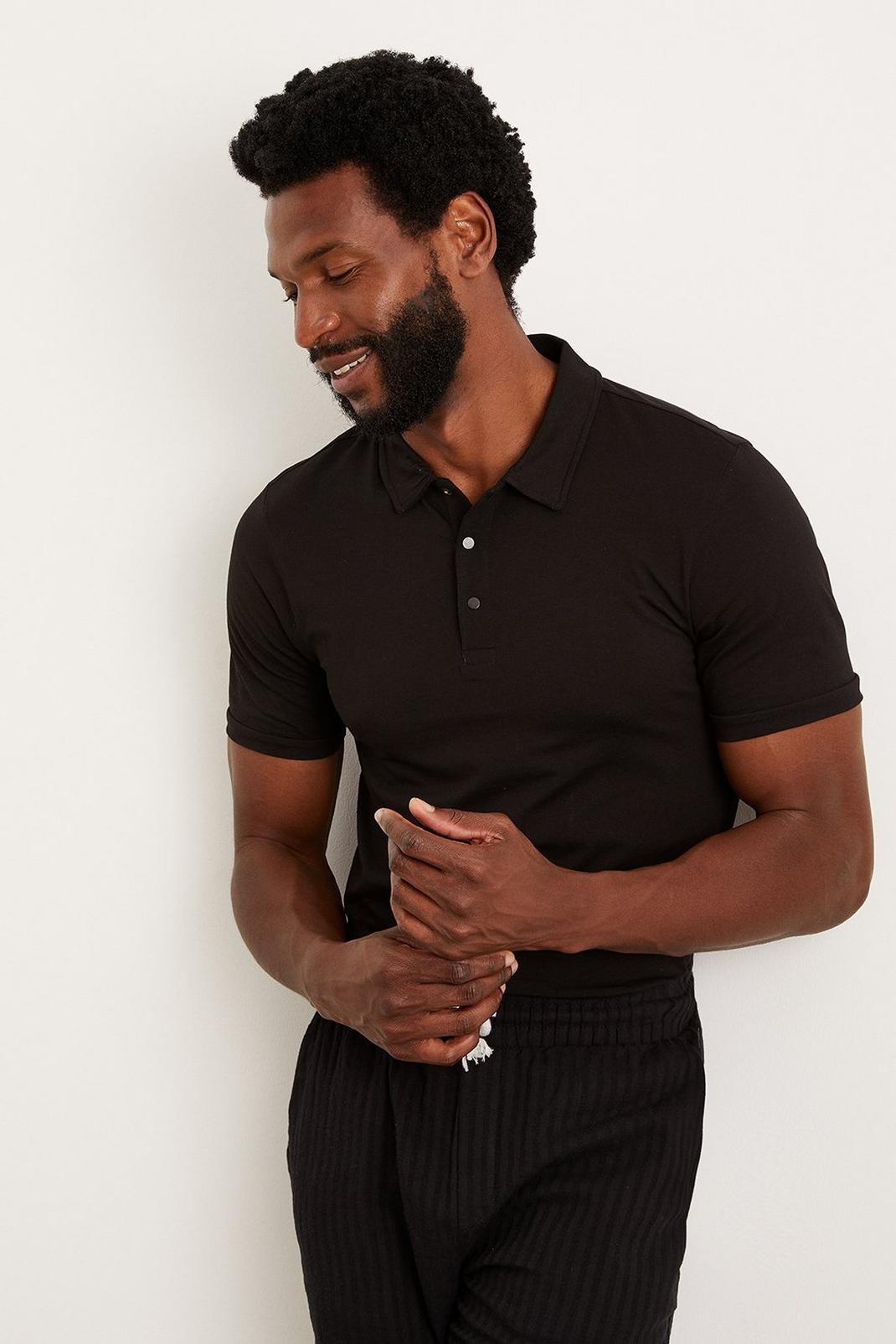 Black Short Sleeve Muscle Popper Polo Shirt image number 1