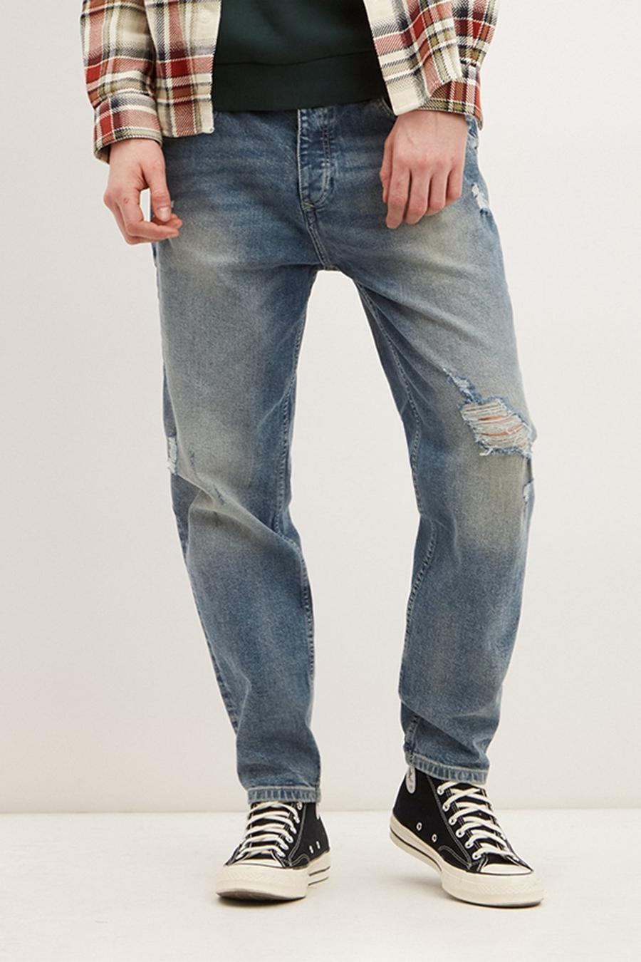 Tapered Vintage Worn Repair Rip Jeans