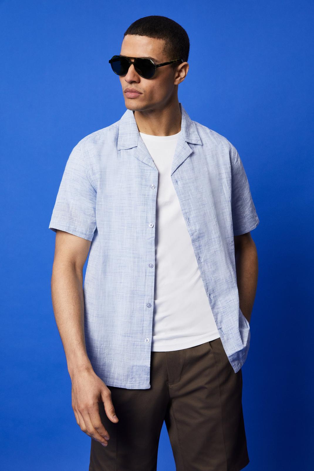Blue Short Sleeve Revere Collar Shirt | Burton UK