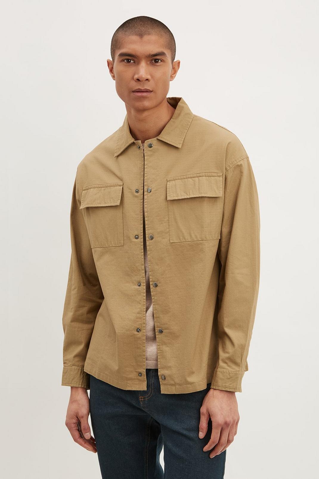 Light stone Twin Pocket Overshirt In Ripstop Fabric image number 1