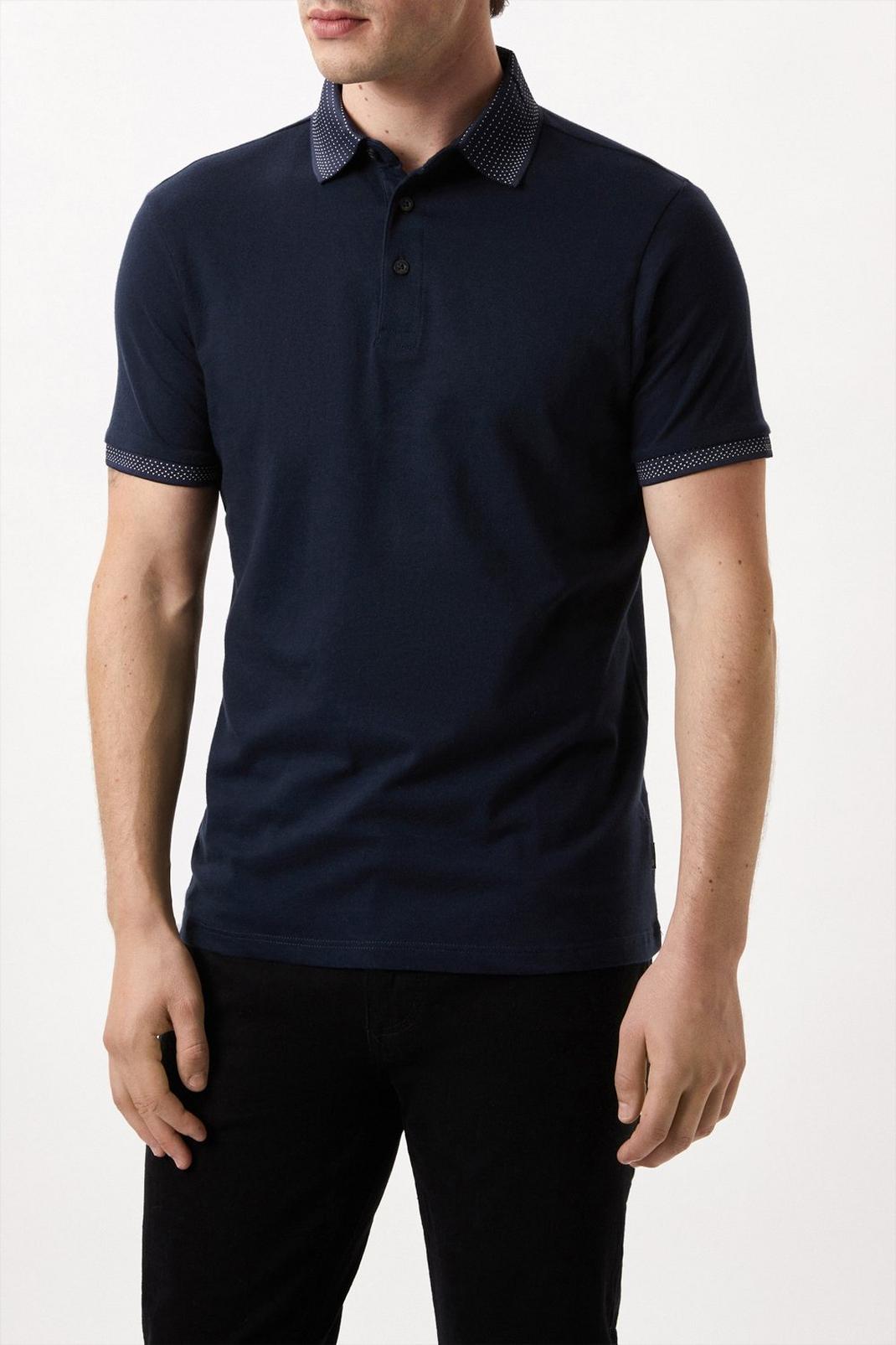 Navy Slim Fit Jacquard Collar Polo image number 1