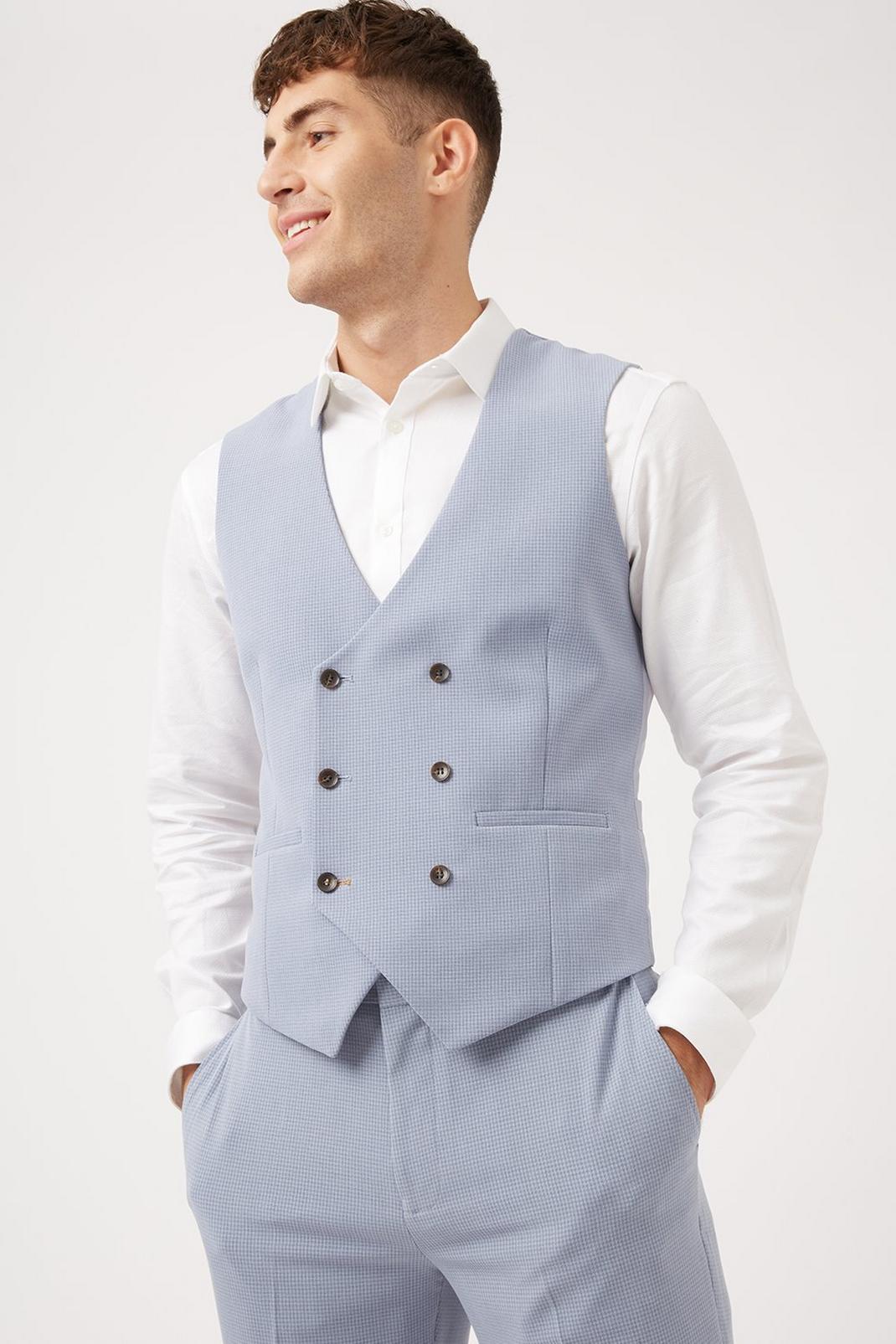Double Breasted Blue Basket Weave Waistcoat image number 1