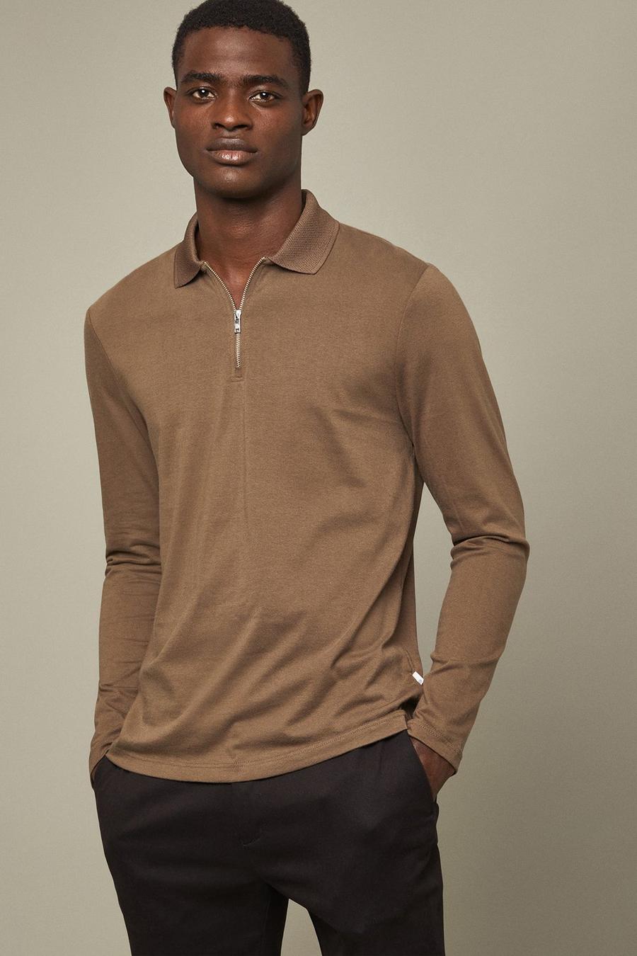 Long Sleeve Plain Zip Polo Shirt