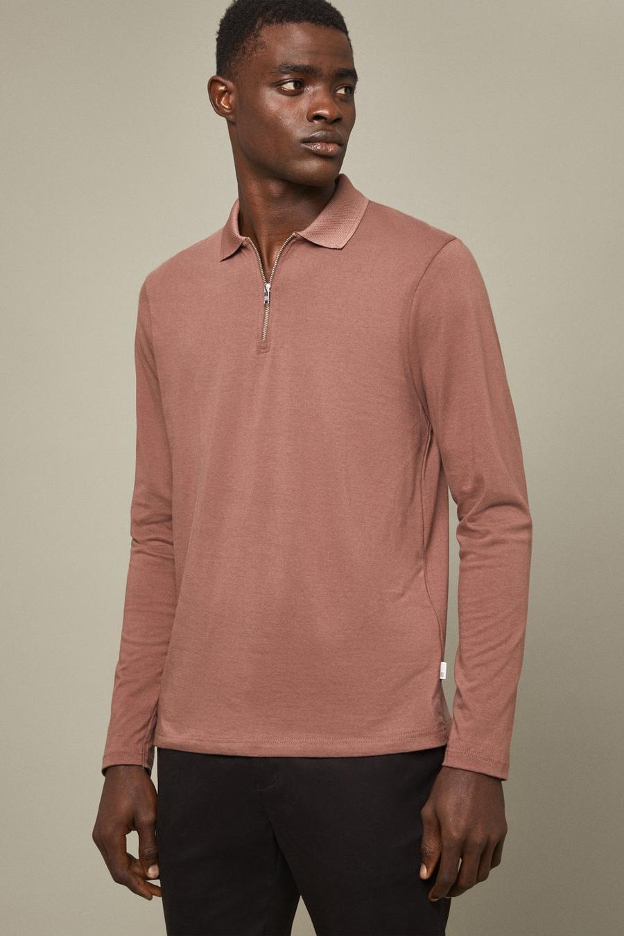 Long Sleeve Plain Zip Polo Shirt