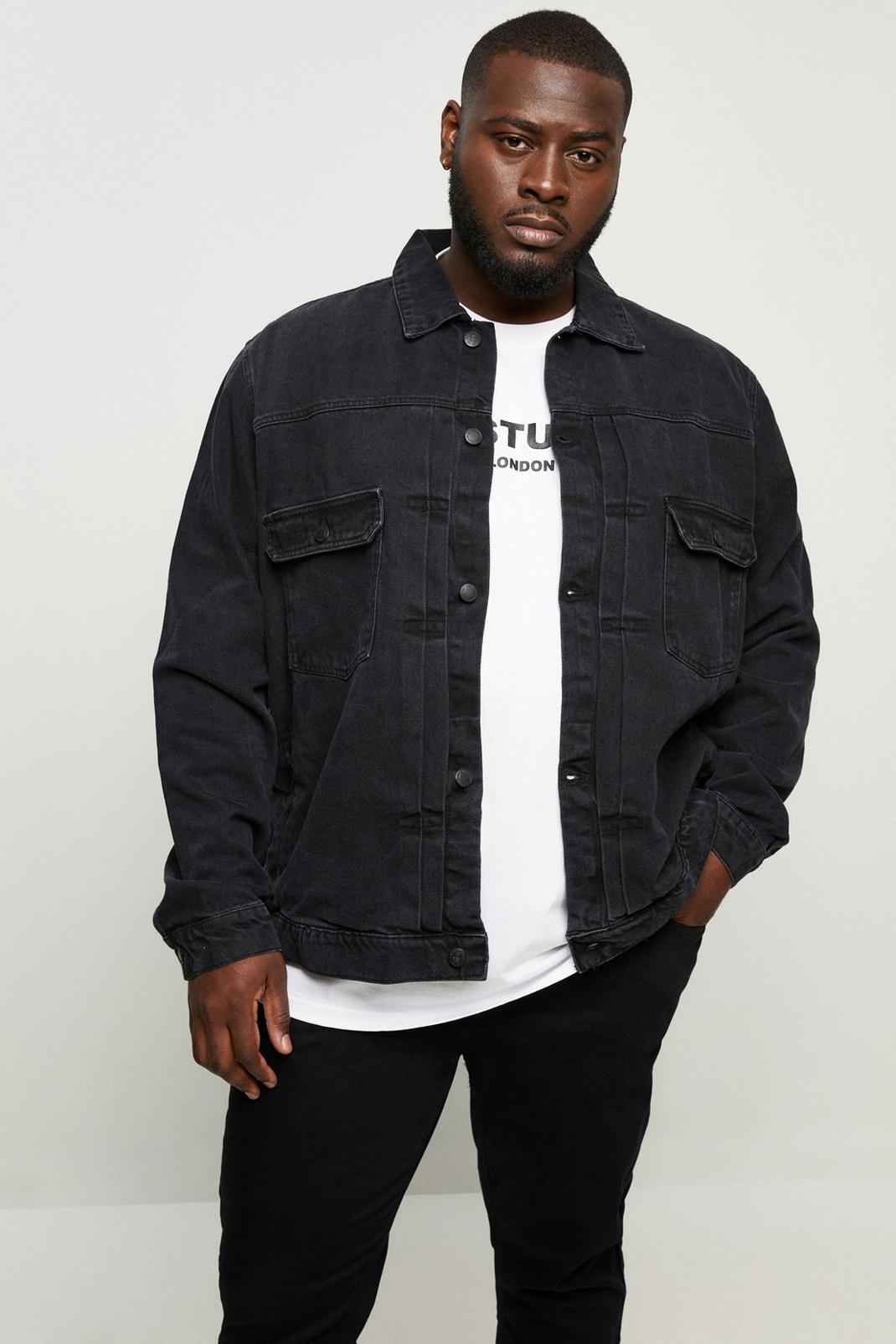 Black Plus And Tall Pleat Front Denim Jacket image number 1
