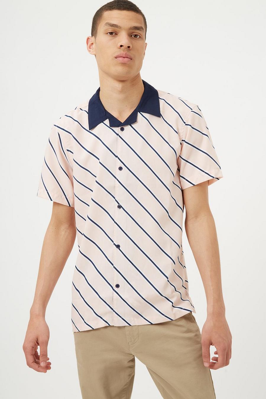 Pink Diagonal Stripe Contrast Collar Shirt