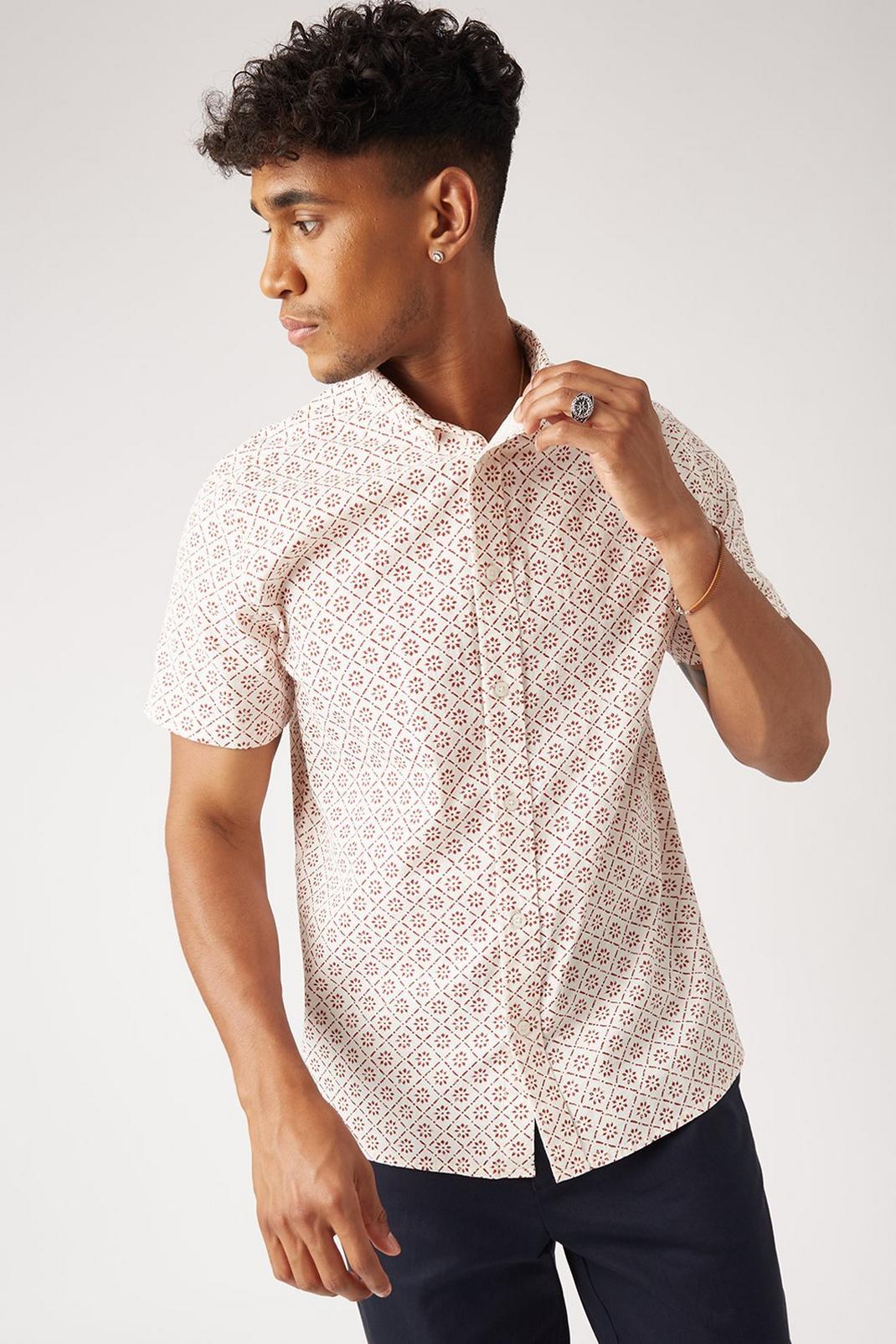 White Short Sleeve Geo Print Linen Shirt image number 1