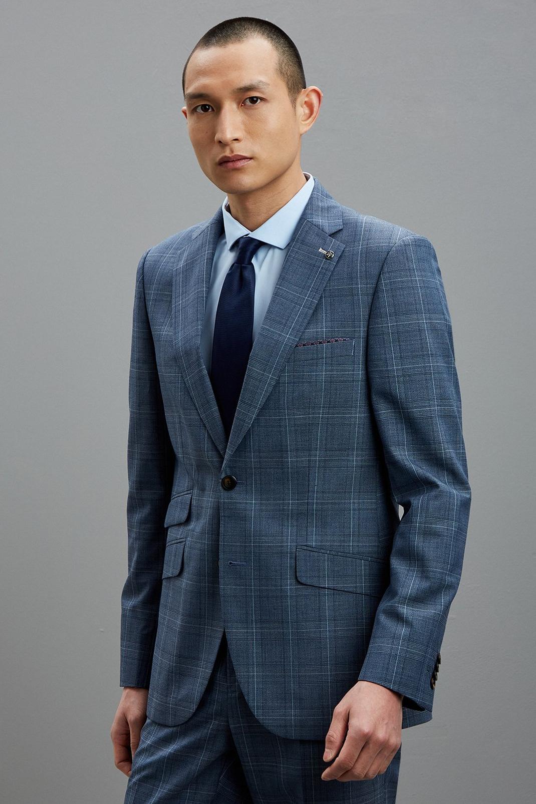 564 Slim Fit Blue Fine Multi Check Suit Jacket image number 1