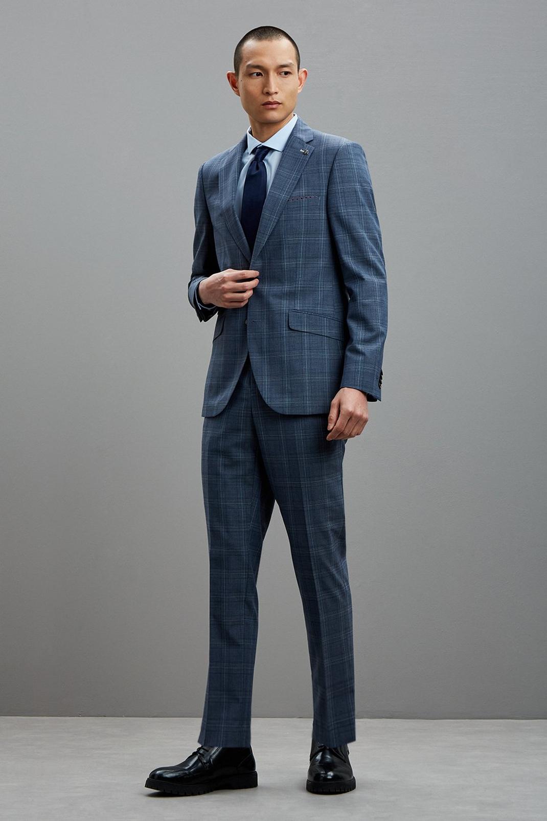 Slim Fit Blue Fine Multi Check Three-Piece Suit image number 2