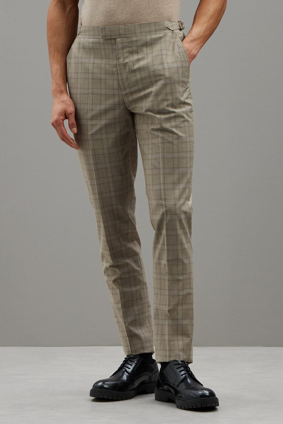 Slim Fit Stone Fine Multi Check Suit Trouser