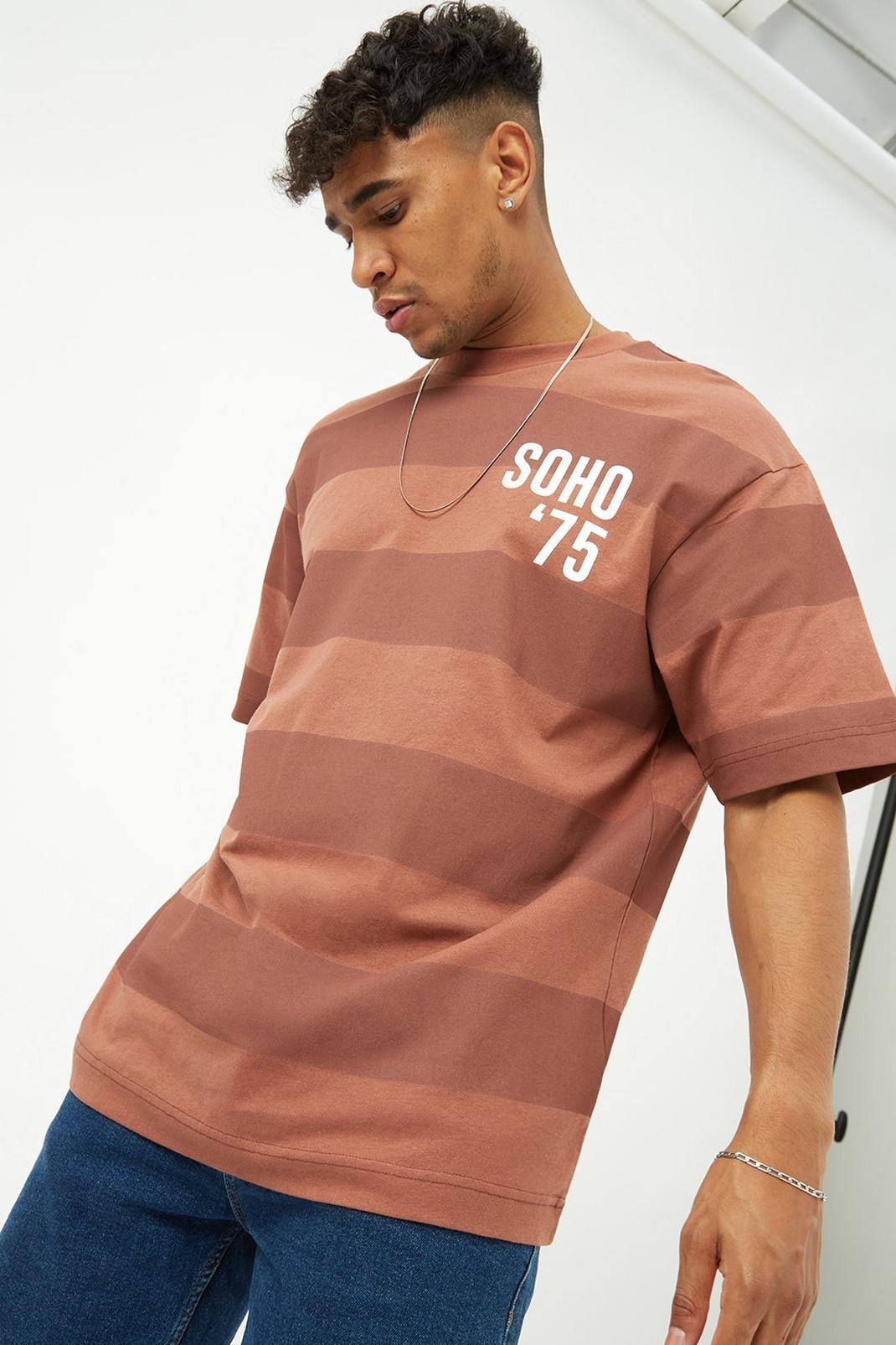 109 Brown Oversized Striped Print T-shirt image number 1