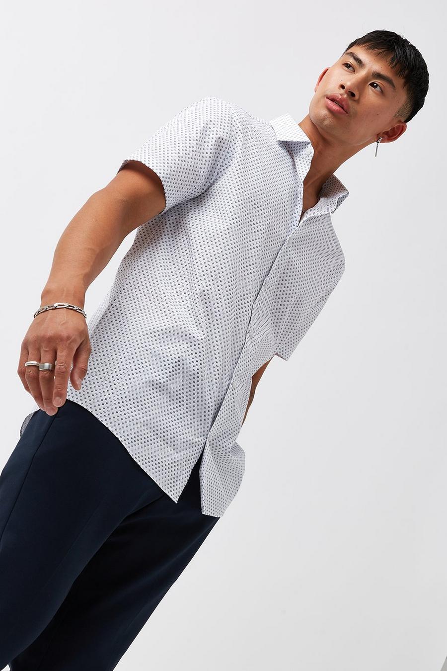 Short Sleeve Tailored Fit White Geo Shirt