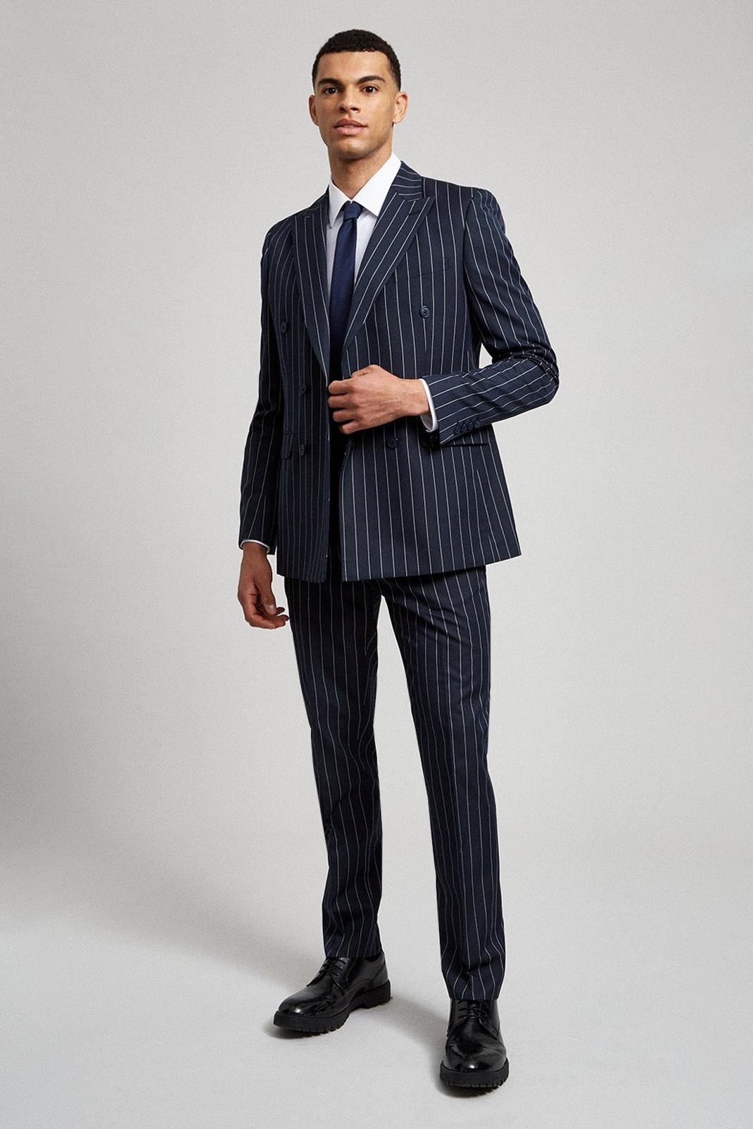 148 Double Breasted Navy Pinstripe Slim Blazer image number 2