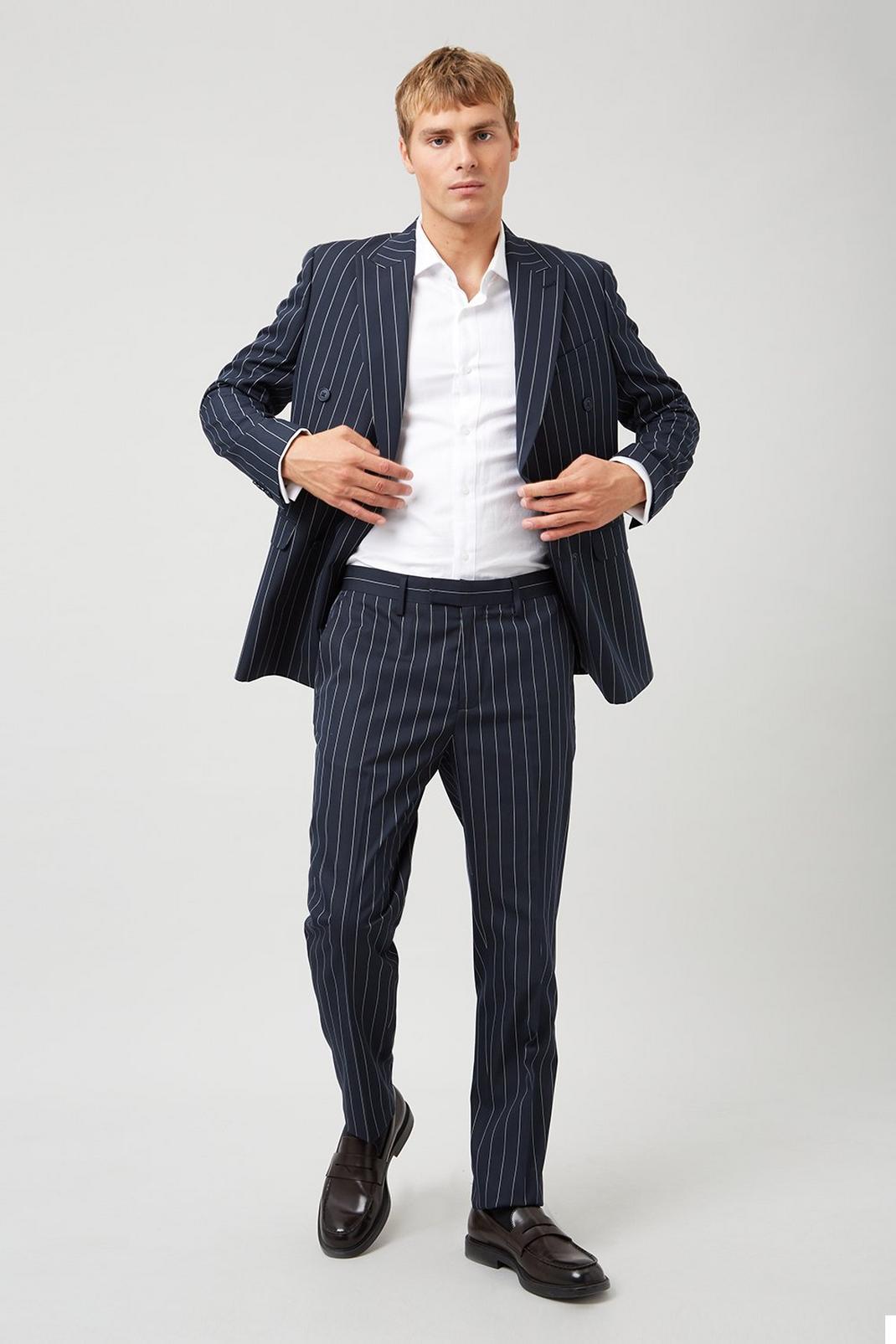 148 Navy Pinstripe Tapered Fit Suit Trouser image number 2