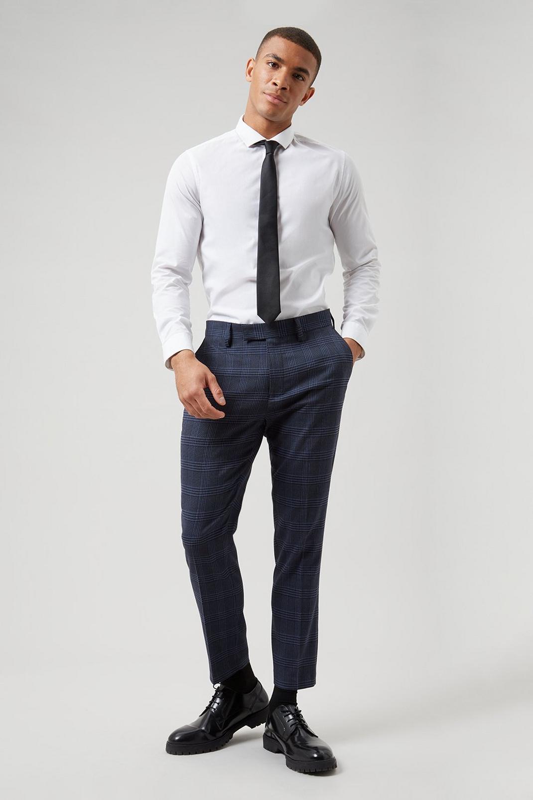 Mid blue Skinny Fit Blue Check Trouser image number 1