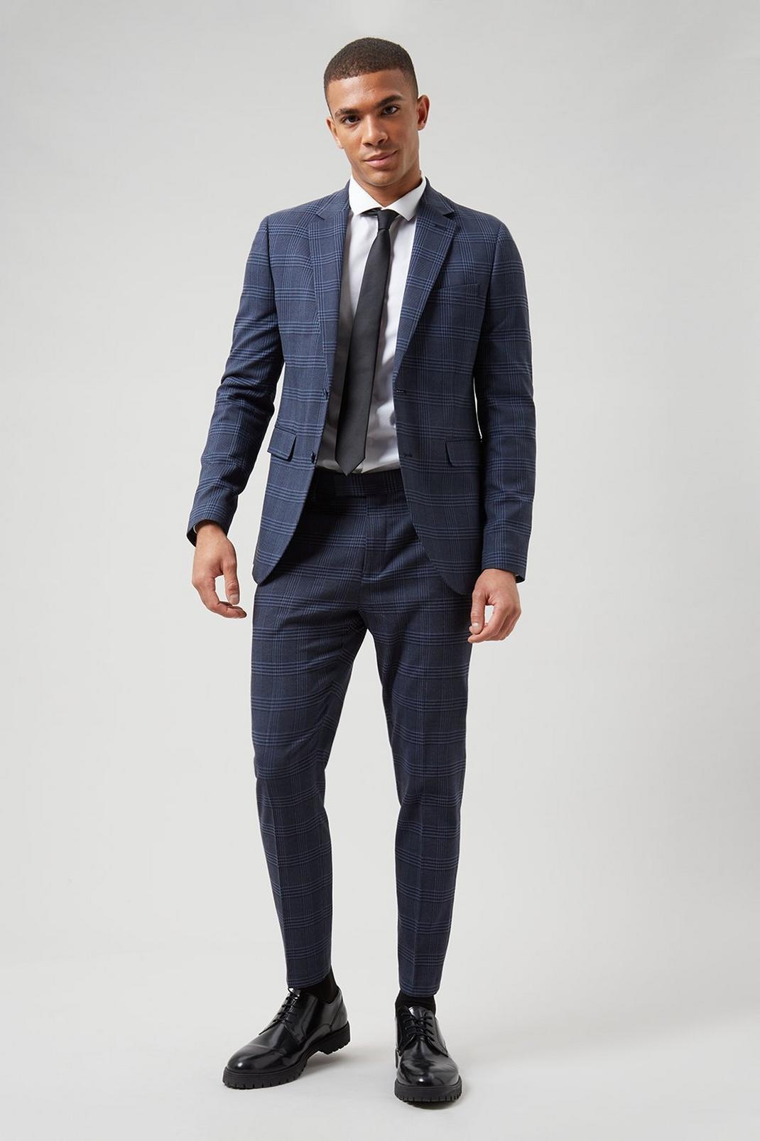 340 Blue Large Check Skinny Fit Suit Trouser image number 2