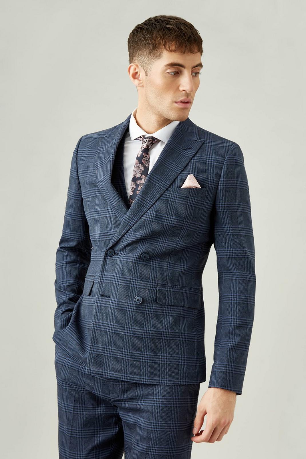 Blue Large Check Skinny Fit Three-Piece Suit image number 1