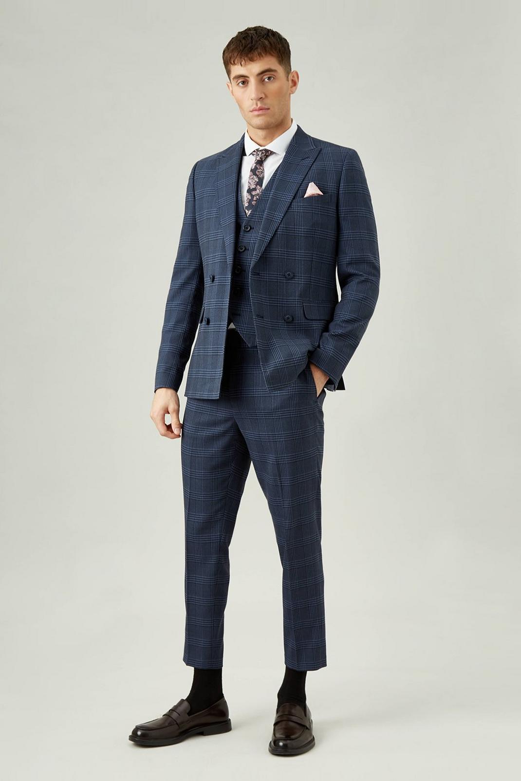 Blue Large Check Skinny Fit Three-Piece Suit image number 2