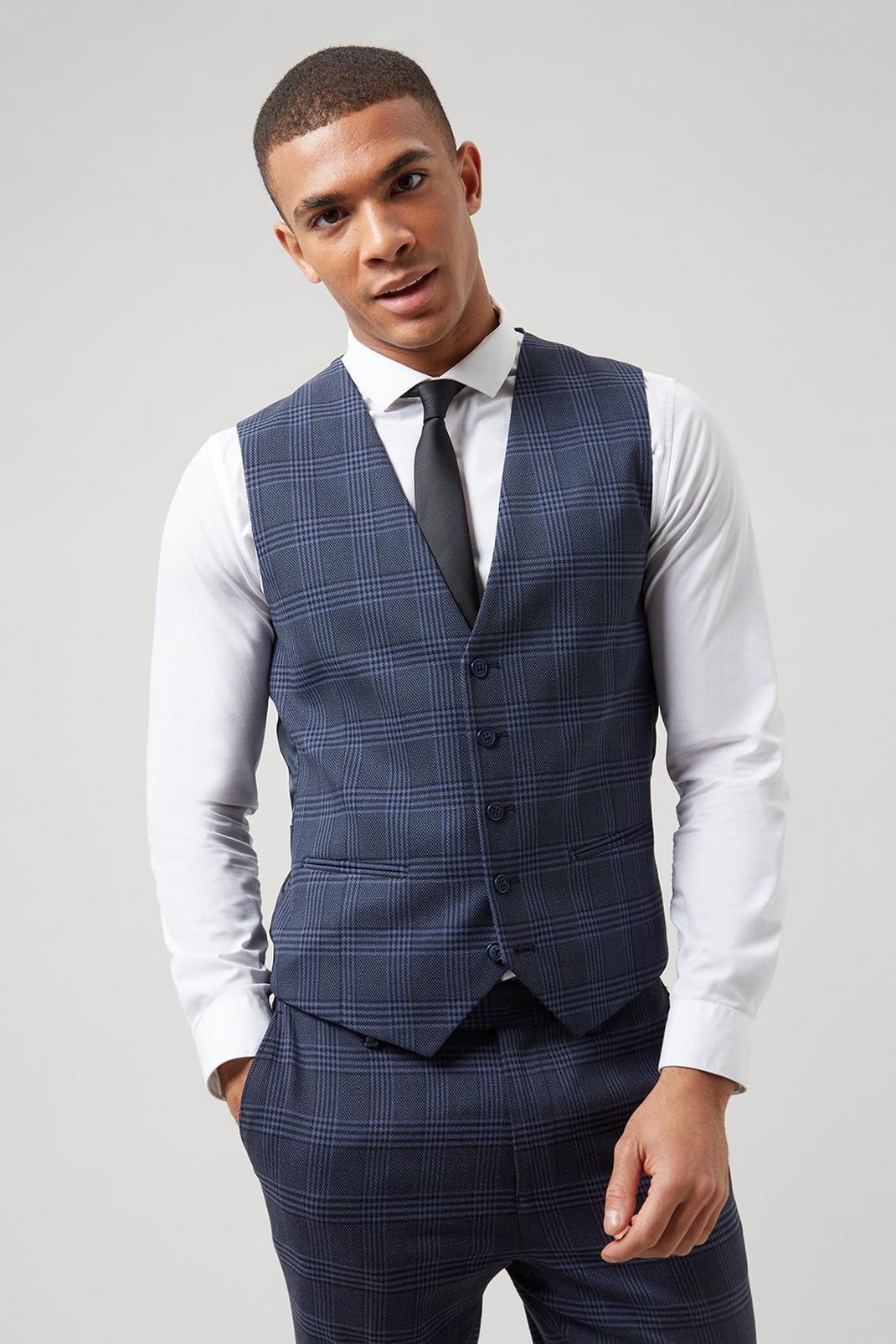 Mid blue Skinny Fit Blue Check Waistcoat image number 1