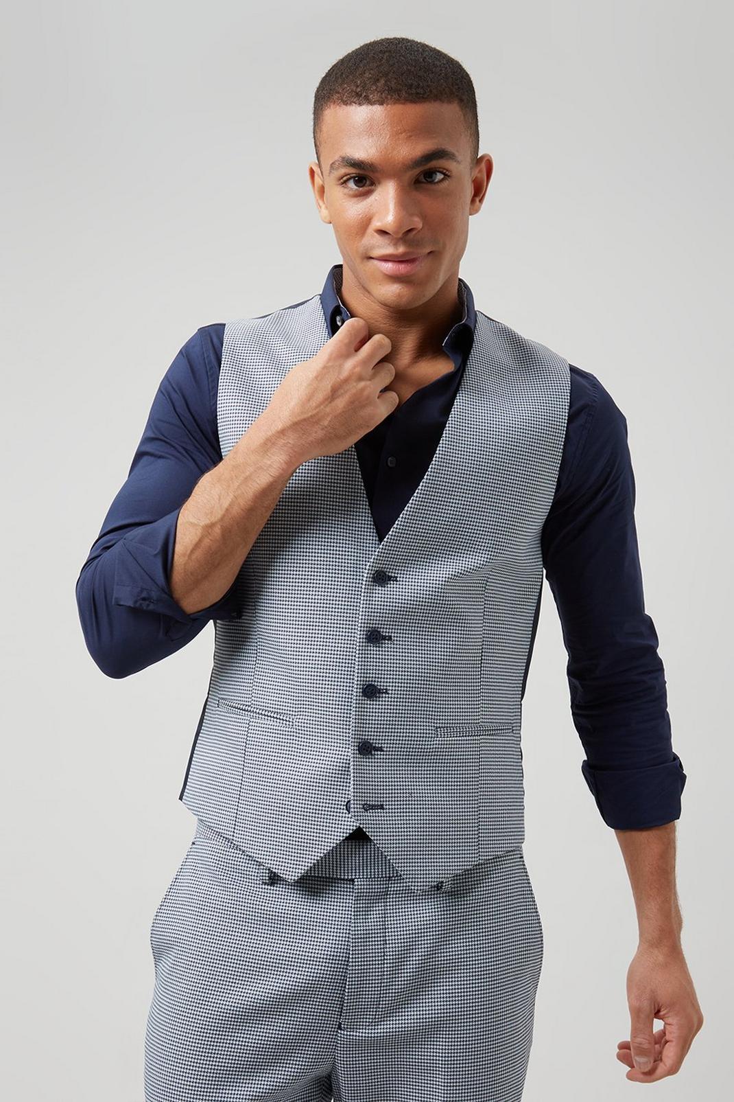 148 Navy/white Houndstooth Skinny Fit Waistcoat image number 1