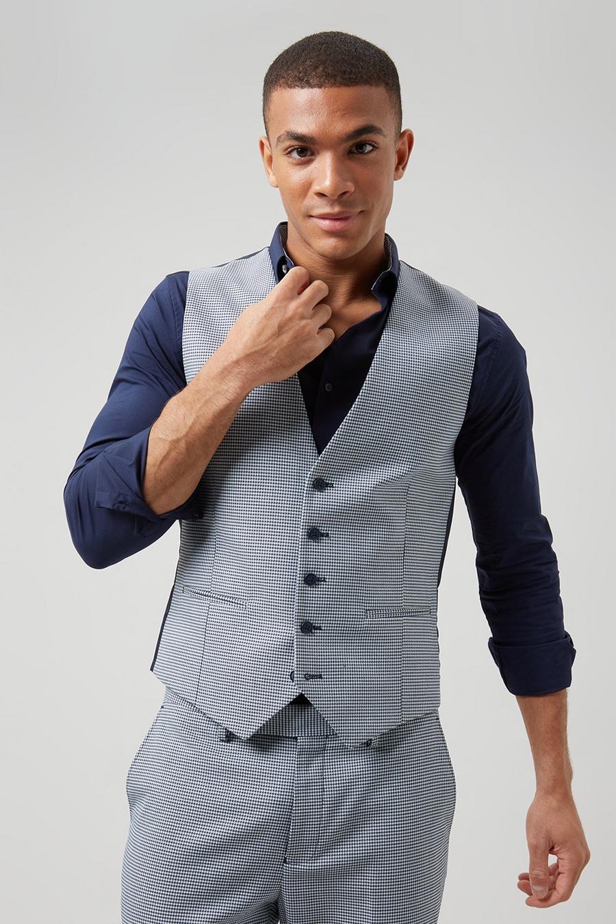 Skinny Fit Navy And White Houndstooth Waistcoat