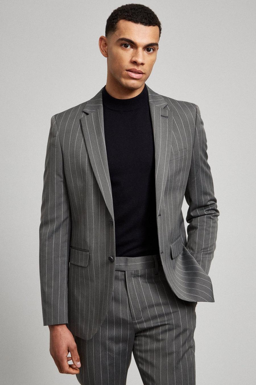 Grey Pinstripe Slim Fit Suit Jacket
