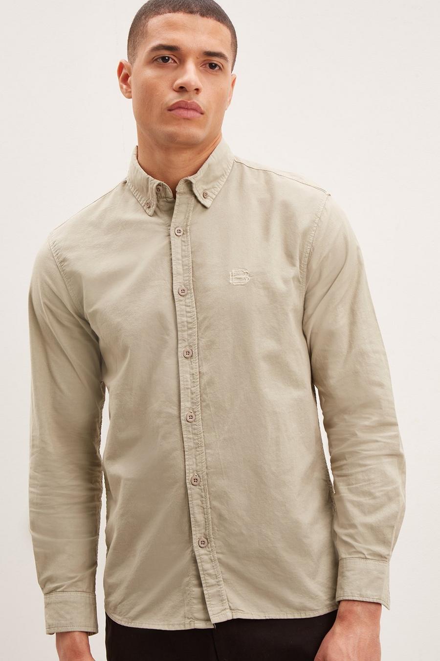 Long Sleeve Skinny Fit Garment Dyed Oxford