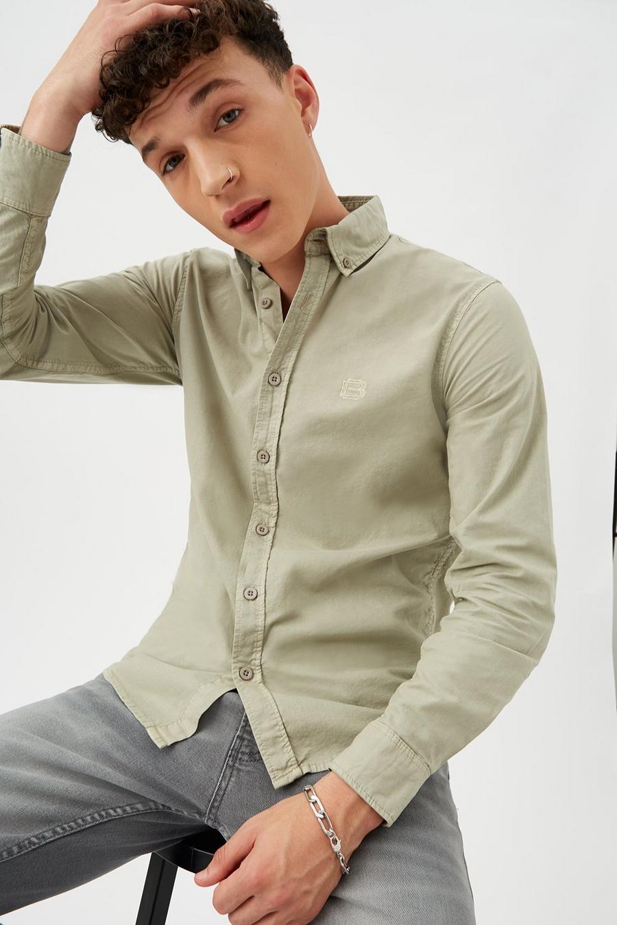 Long Sleeve Muscle Fit Garment Dyed Oxford