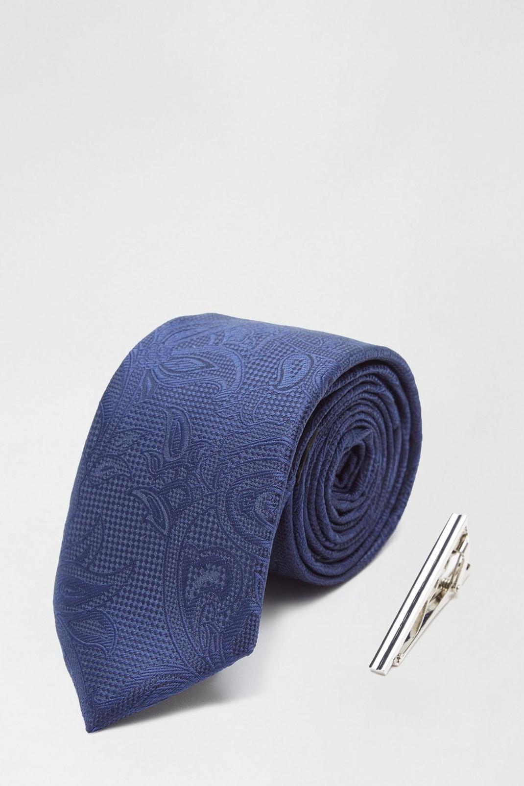 148 Tonal Navy Paisley Tie And Tie Bar image number 1