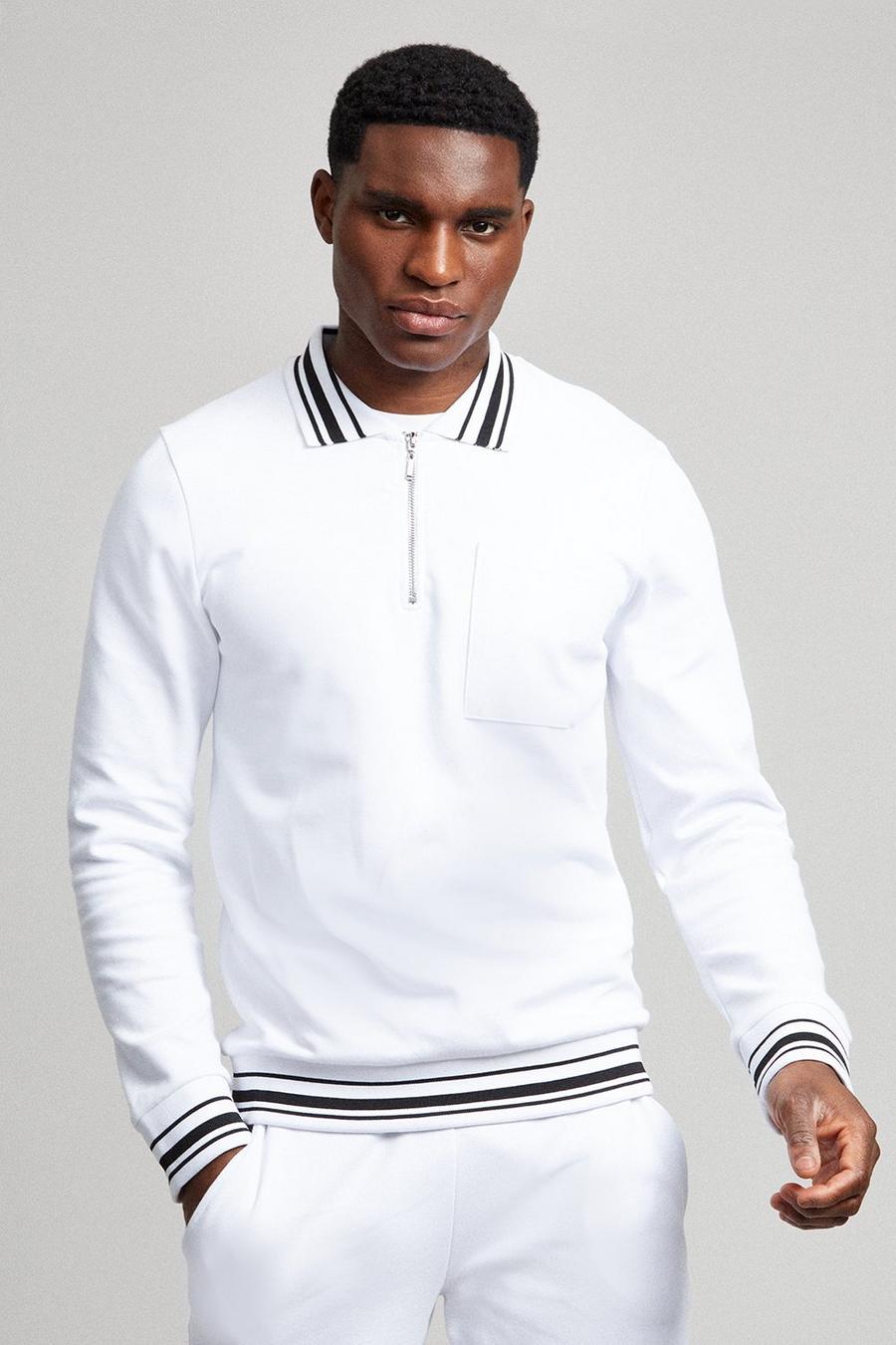 Striped Ribbed Long Sleeve Zip Neck Polo