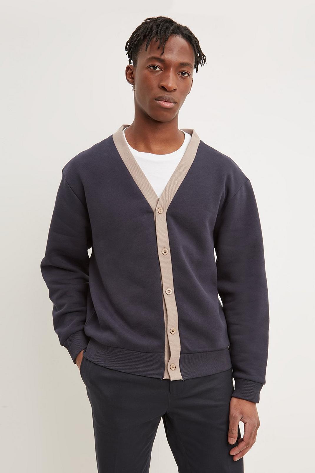 Navy Relaxed Fit Contrast Jersey Cardigan image number 1