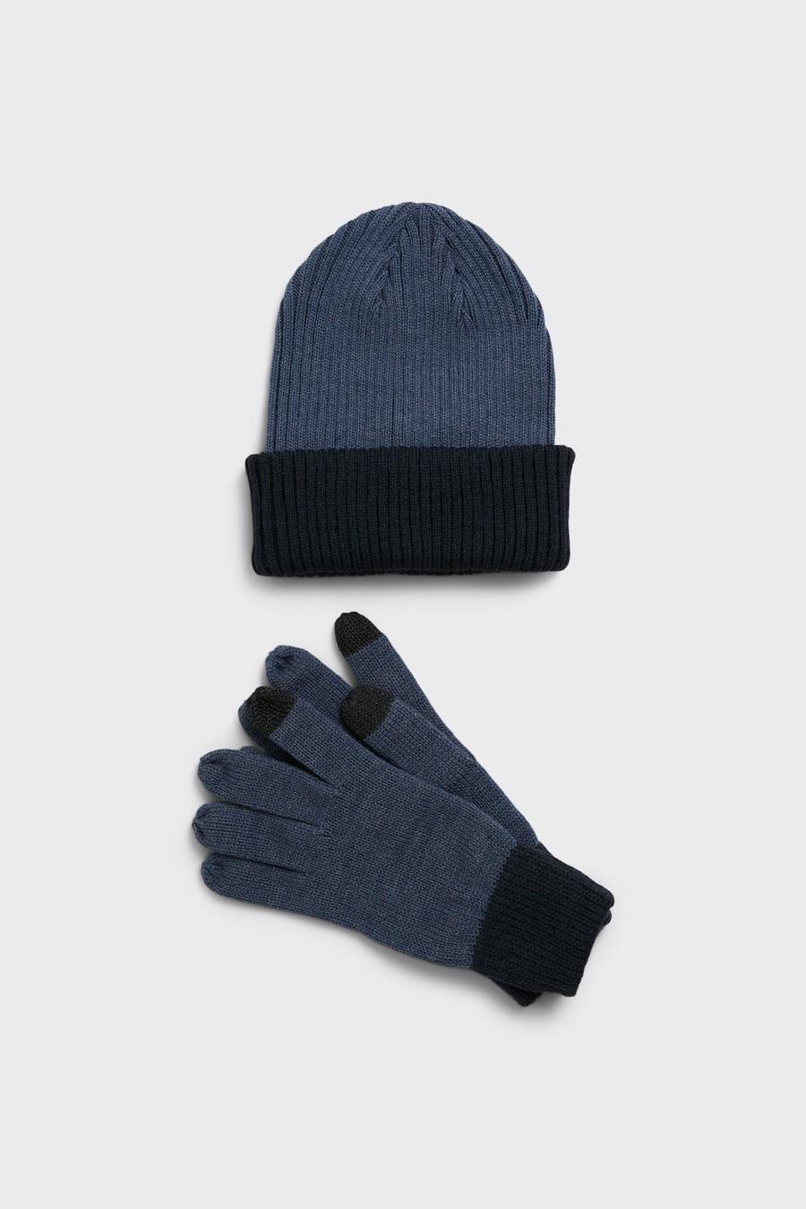 Contrast Cuff Gloves And Beanie Set