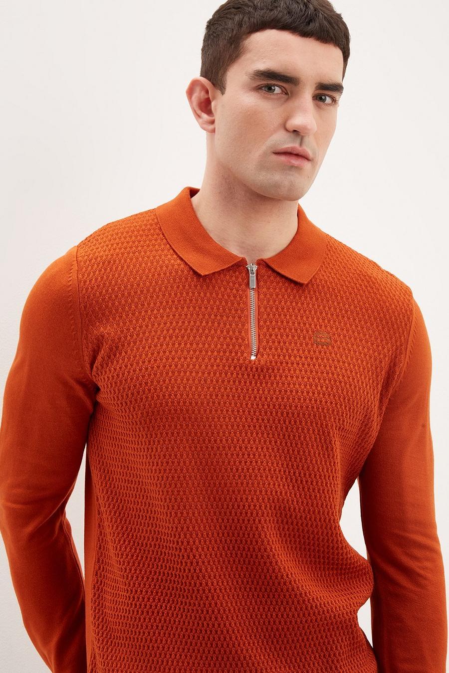 Long Sleeve Textured Tipped Collar Polo