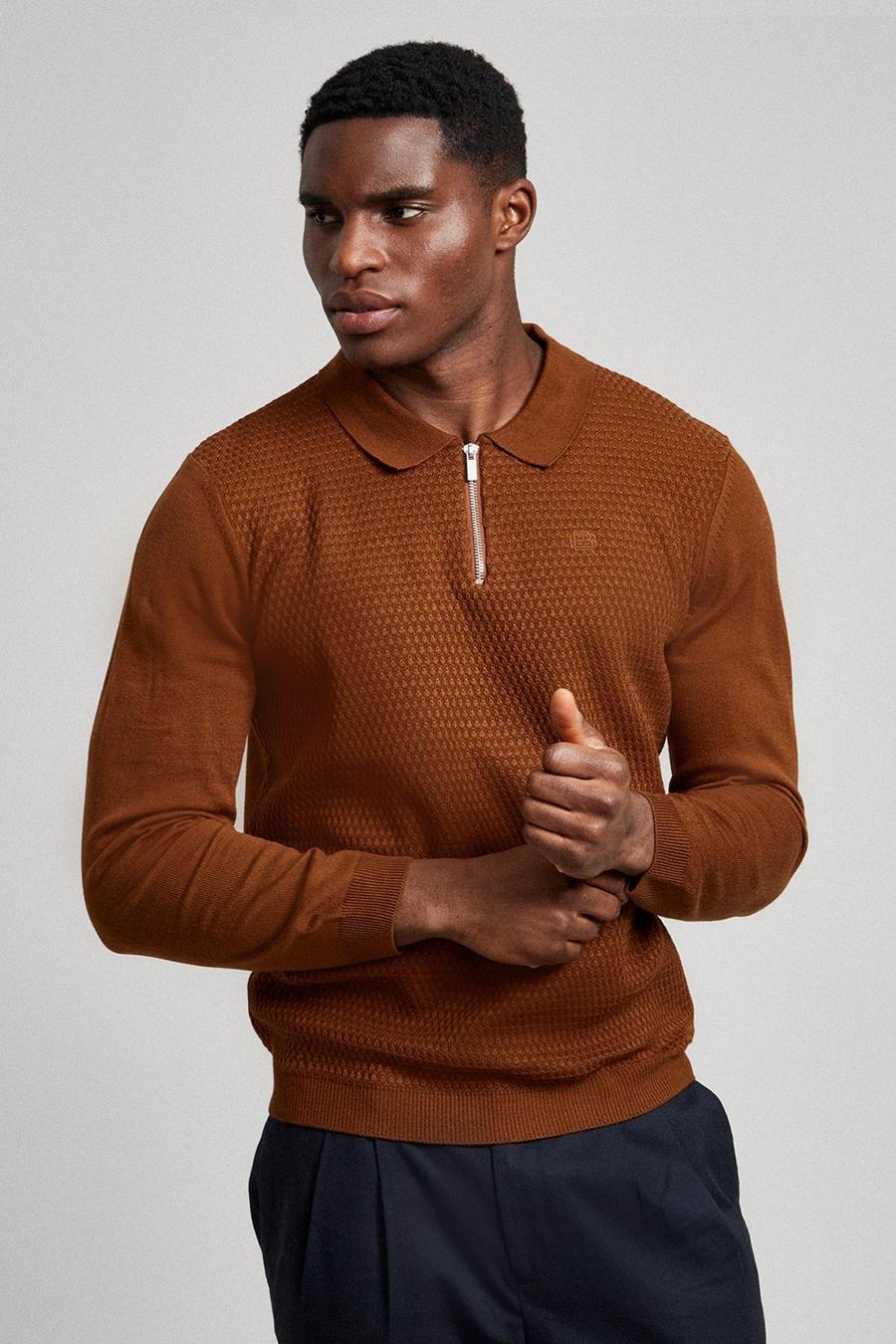 Long Sleeve Textured Tipped Collar Polo