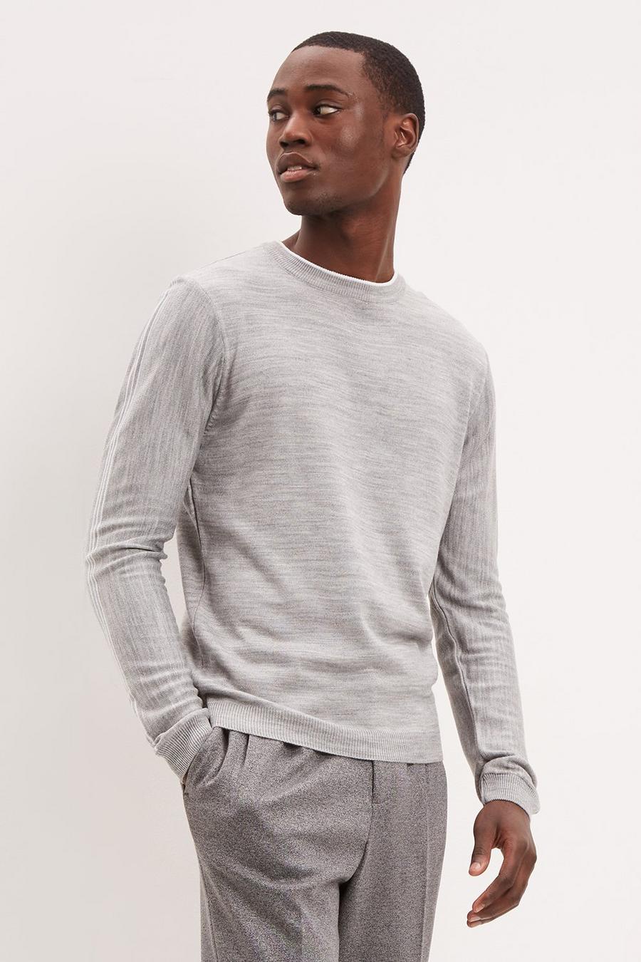 Knitted Crew Neck Jumper With Sleeve Stripes