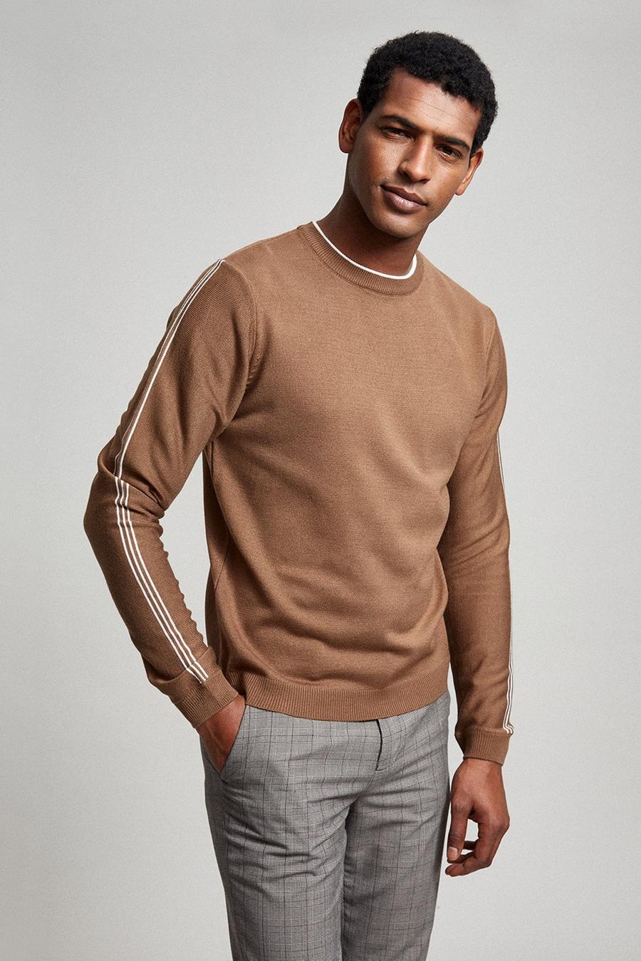 Knitted Crew Neck Jumper With Sleeve Stripes