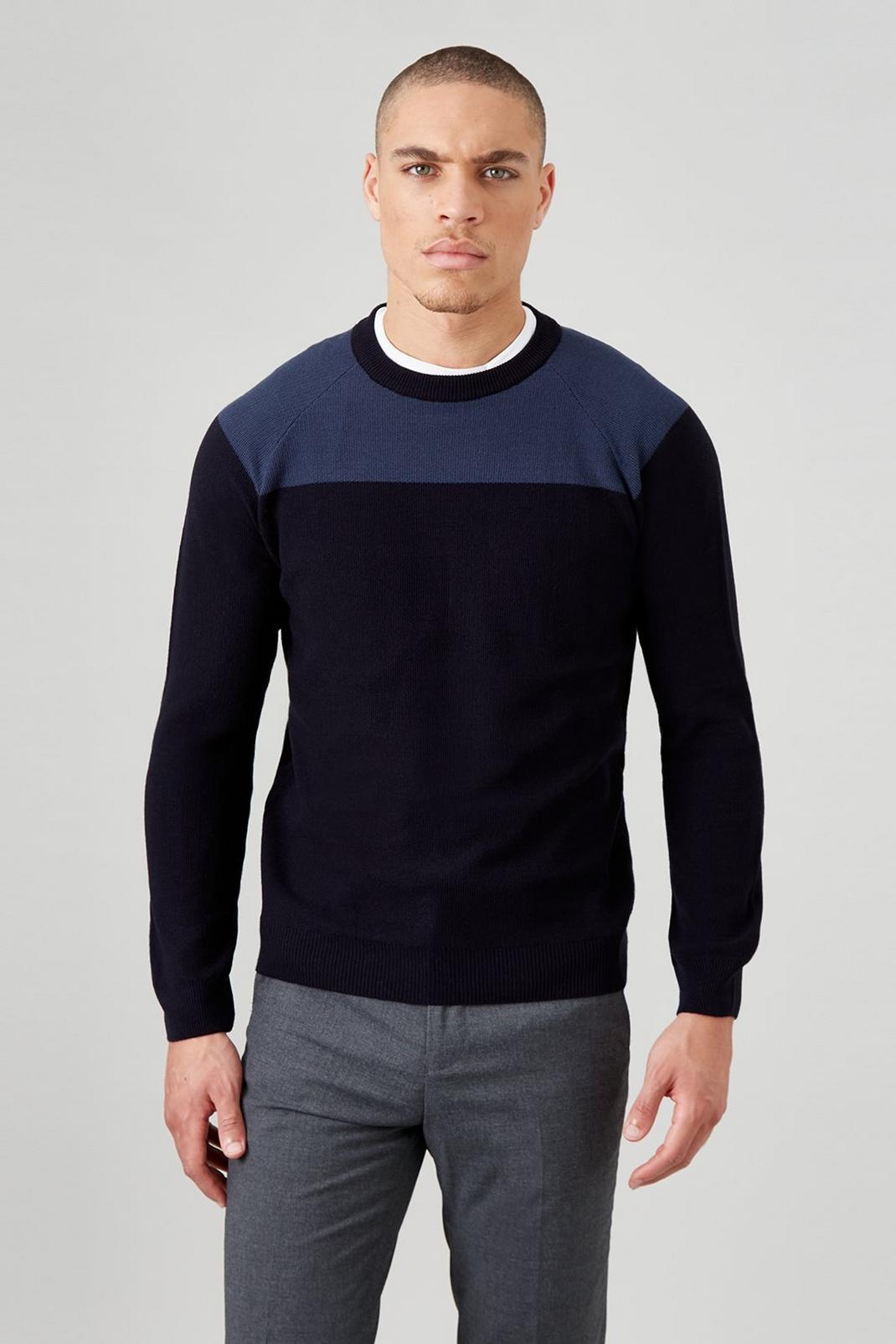 Navy Regular Fit Long Sleeve Two Colour Crew Neck Jumper image number 1