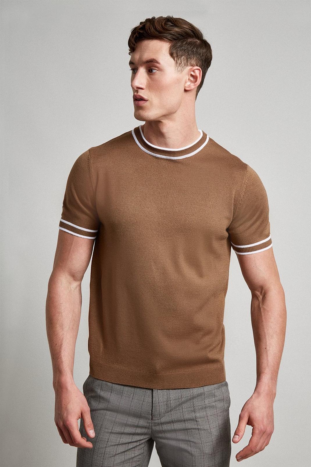 Brown Slim Fit Short Sleeve Tipped Knit T Shirt image number 1
