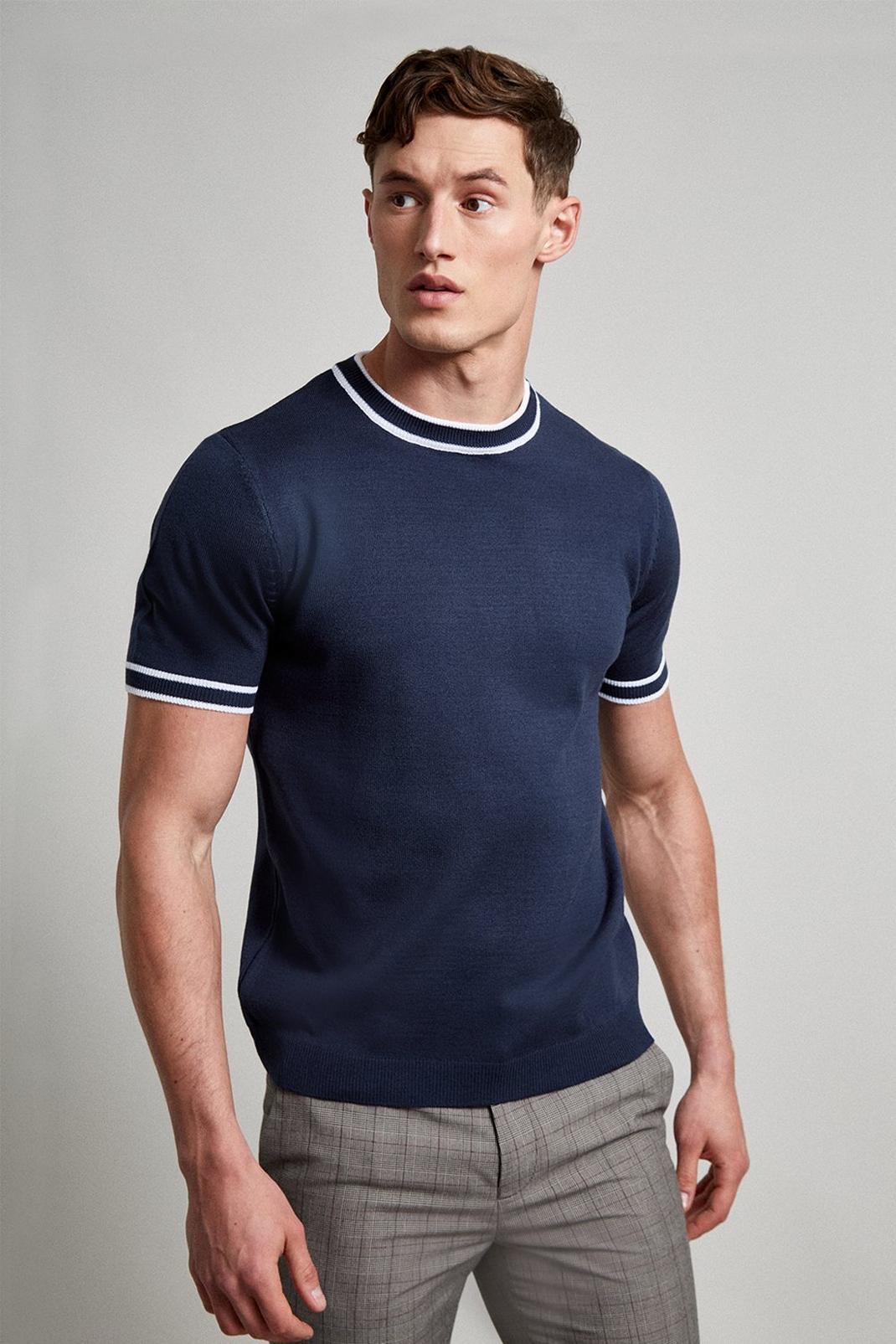 Navy Slim Fit Short Sleeve Tipped Knit T Shirt image number 1