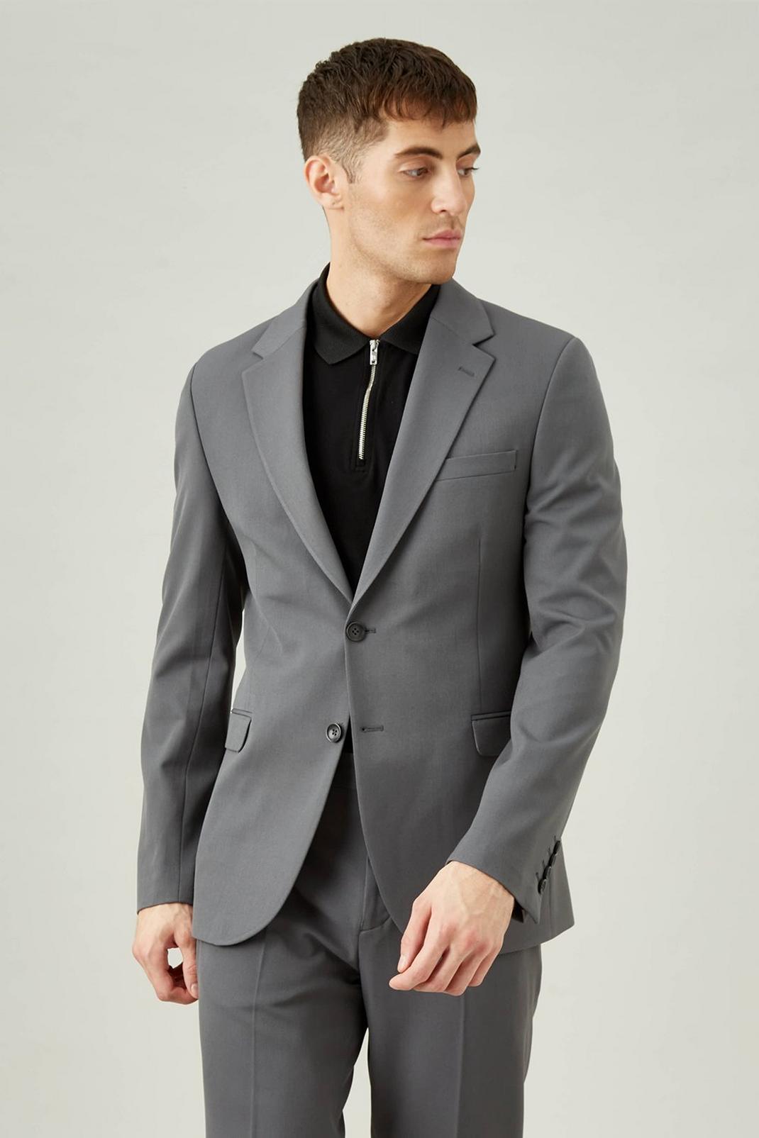 Slim Grey Stretch Plain Two-Piece Suit image number 1
