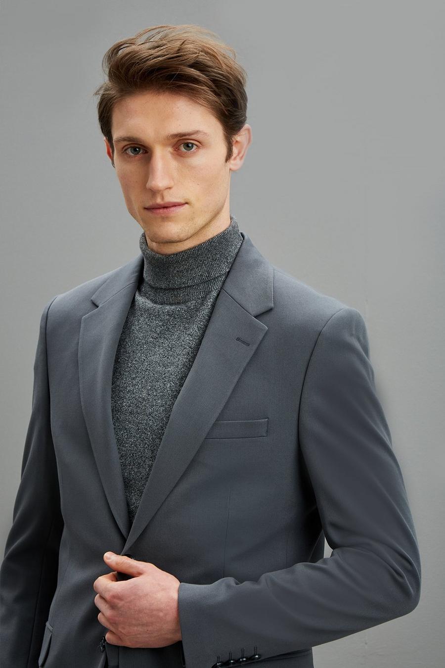 Grey Stretch Plain Two-Piece Suit