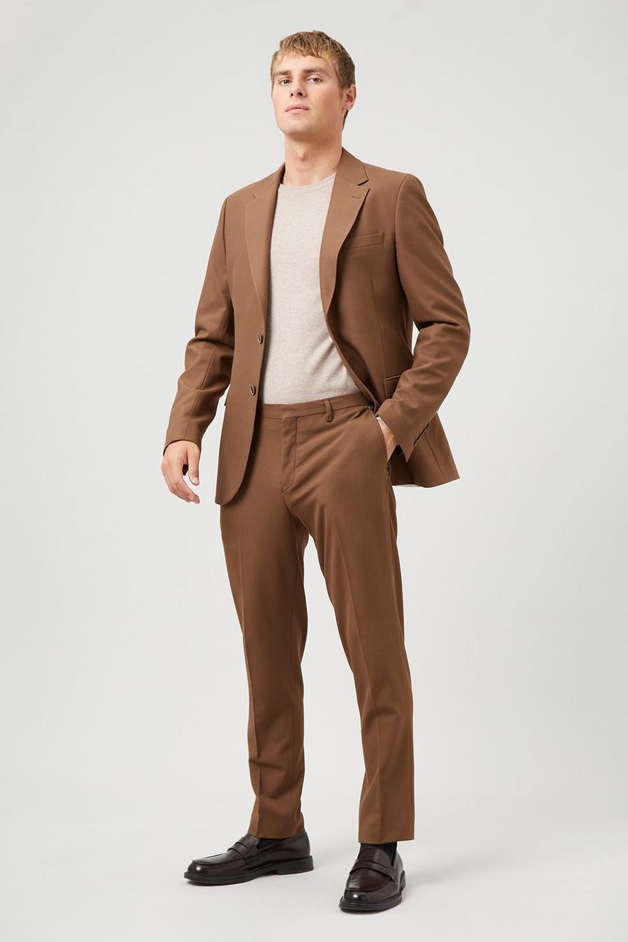 Slim Brown Stretch Plain Two-Piece Suit