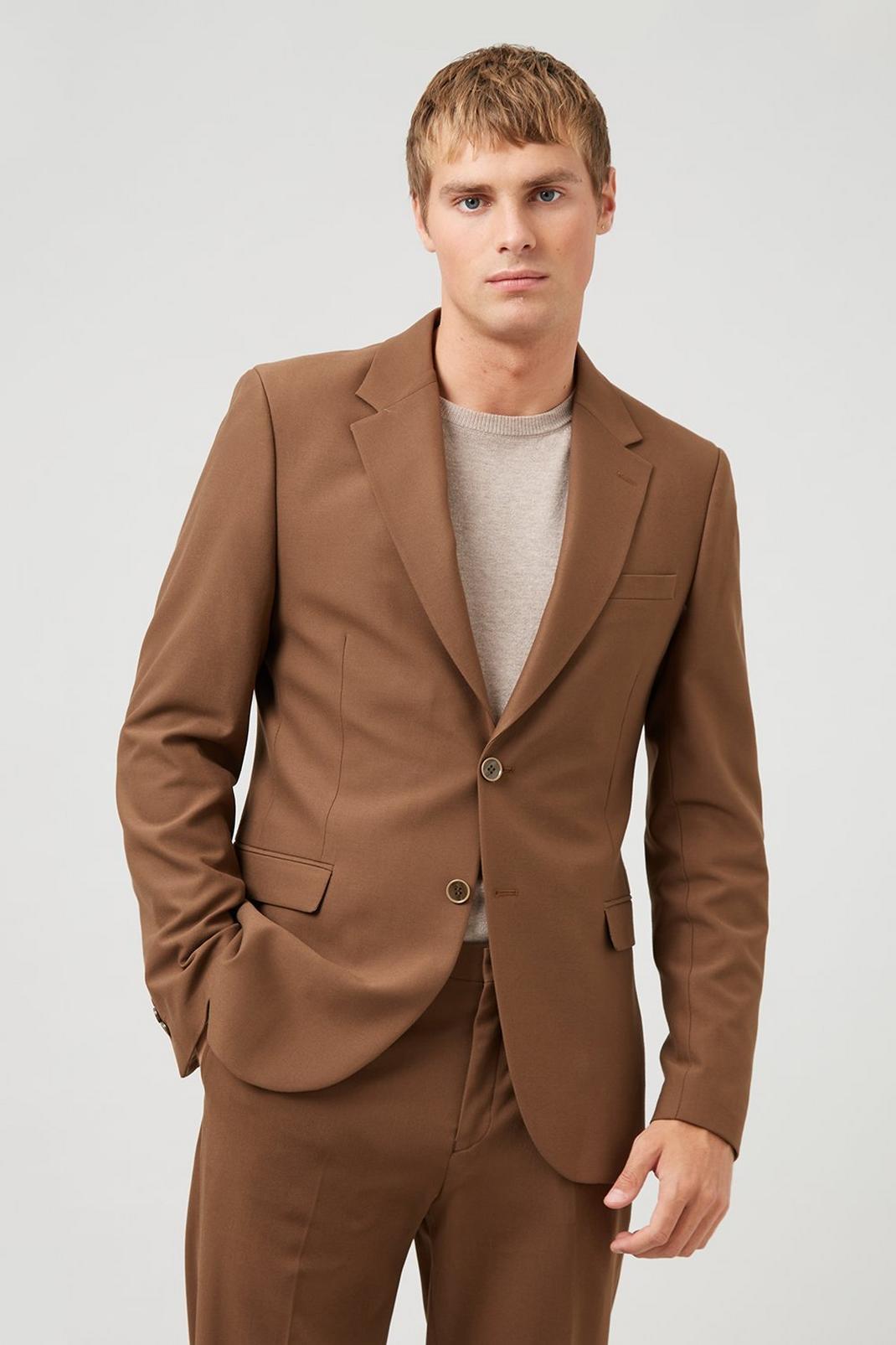 Slim Brown Stretch Plain Two-Piece Suit image number 2