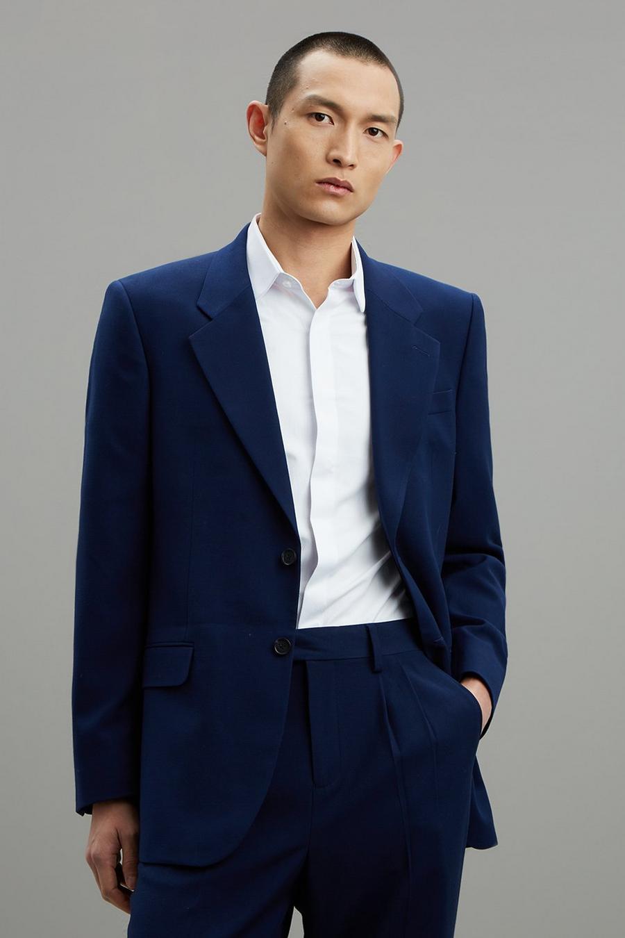 Relaxed Fit Blue Textured Three-Piece Suit