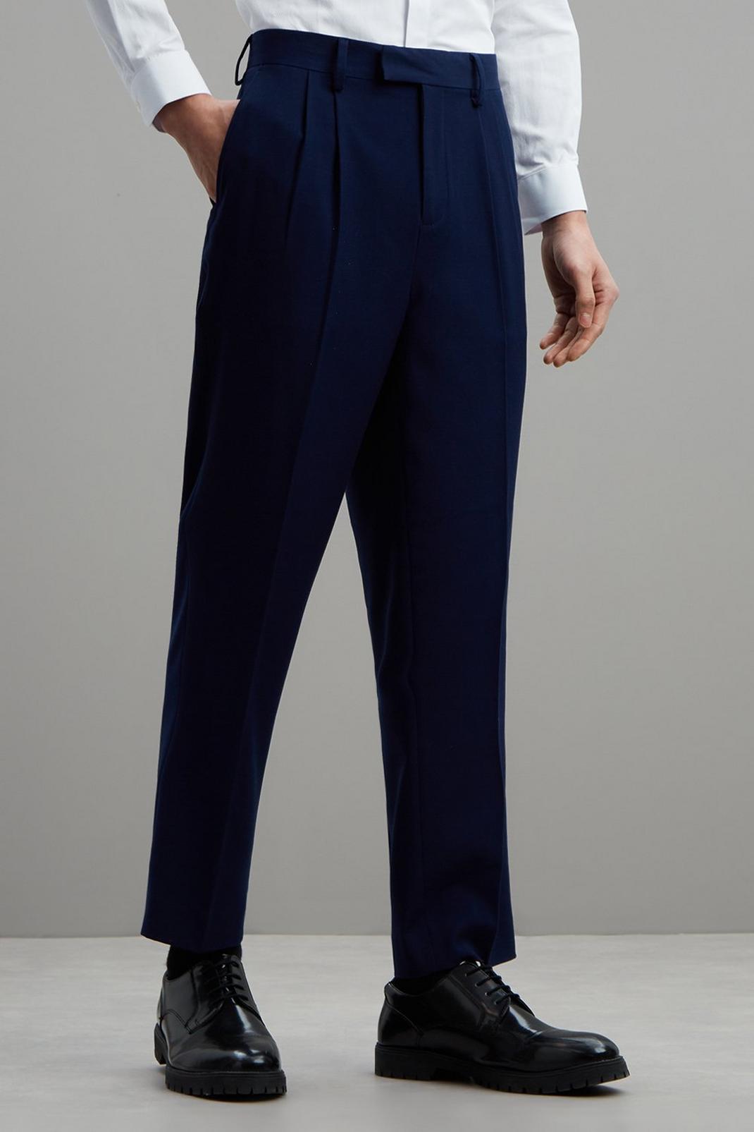 Blue Relaxed Fit Texture Pleat Suit Trouser image number 1