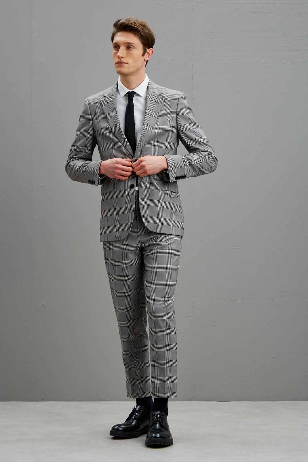 Brown Slim Fit Grey Retro Check Suit Jacket image number 1