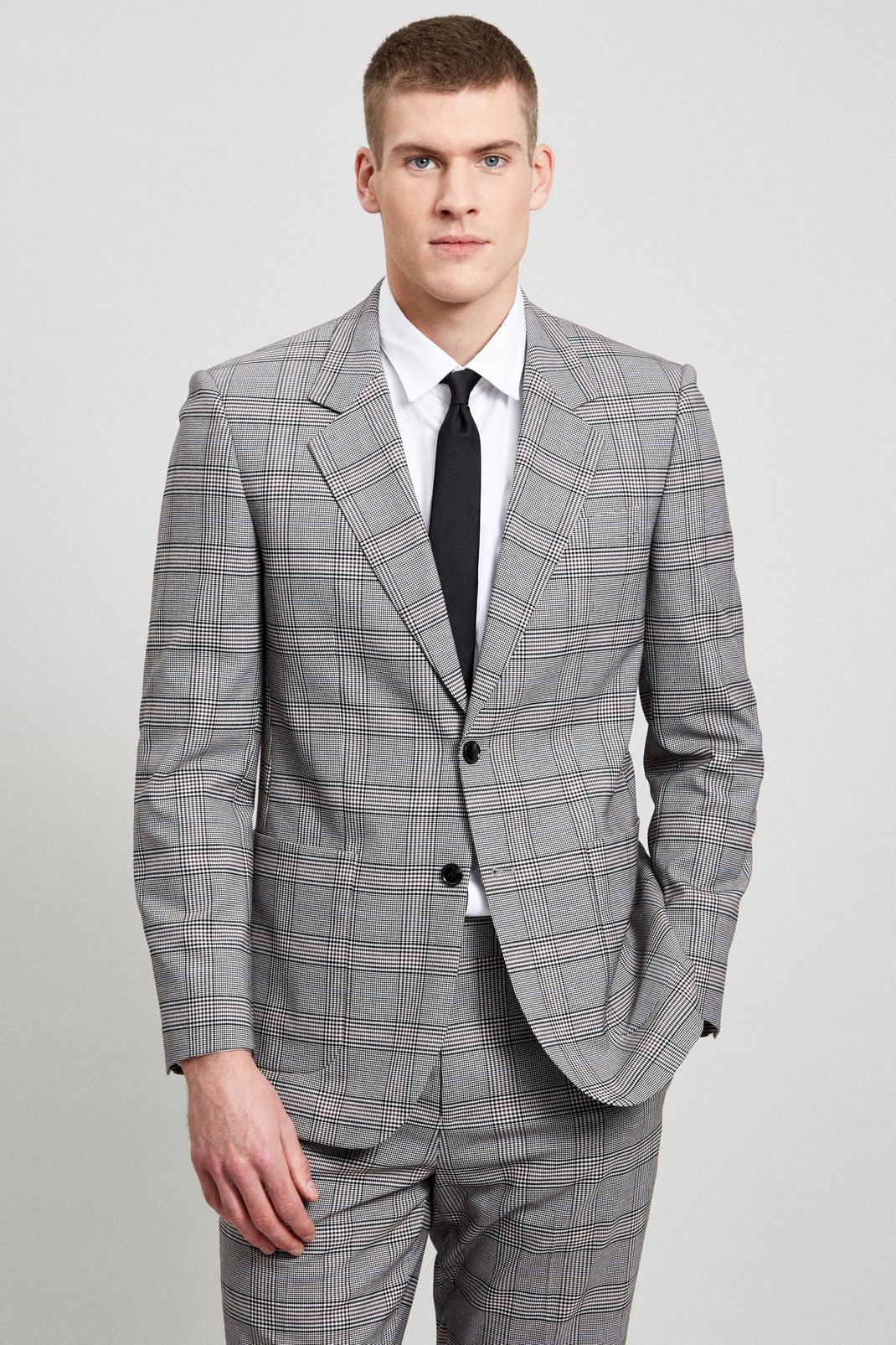 Brown Relaxed Fit Grey Retro Check Suit Jacket image number 1