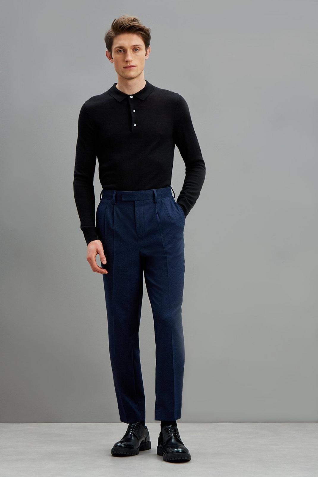 148 Navy Marl Relaxed Pleated Texture Trouser image number 1
