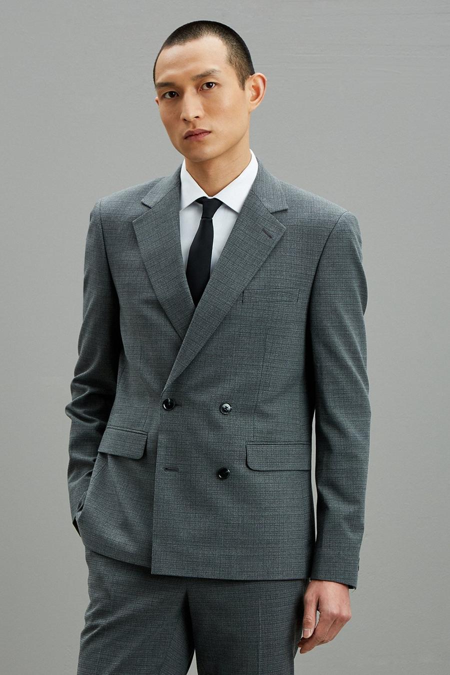 Skinny Fit Grey Texture Double Breasted Jacket